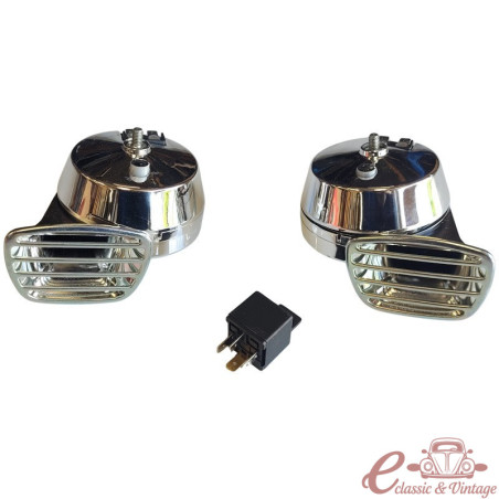 Conjunto de 2 cornetas cromadas de 12 volts "STYLE MIXO" (tons graves e agudos)
