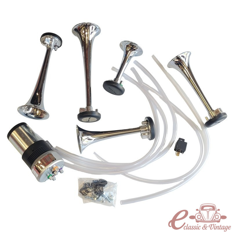 Trompa musical de 12 volts amb 5 trompetes metàl·liques "DIXIELAND"