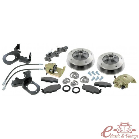 Kit de travão de disco dianteiro 5x205 para rótulas de suspensão 8/68 - completo com cilindro principal e mangueiras de travão.
